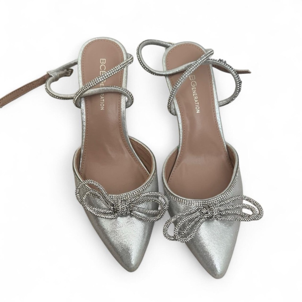 BCBGeneration Metallic Silver Heels with Bow